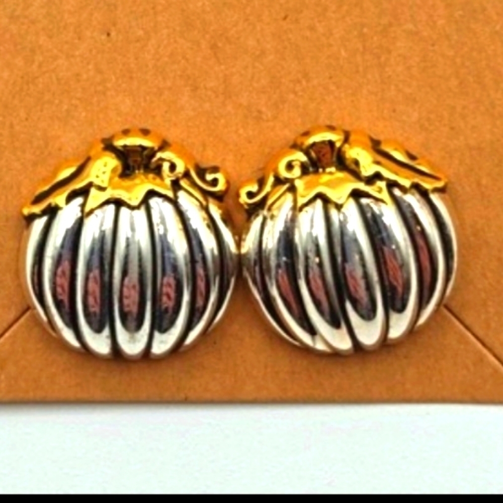 BEST Vintage Pumpkin Earrings signed Silver & Gold